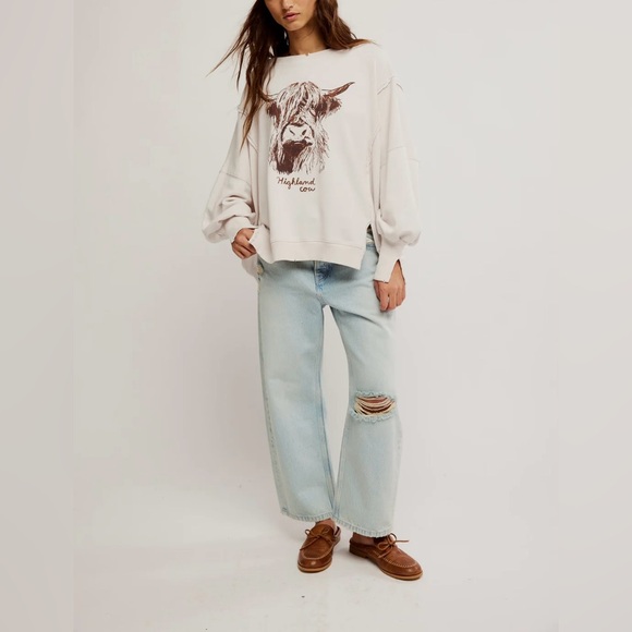 NWOT Free People We The Free Graphic Camden Pullover - highland cow combo - XS - Picture 5 of 11